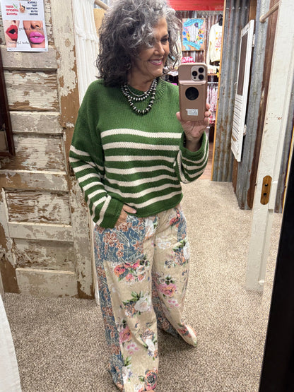 Olive & Oatmeal Striped Loose Fit Crew Neck Sweater Top