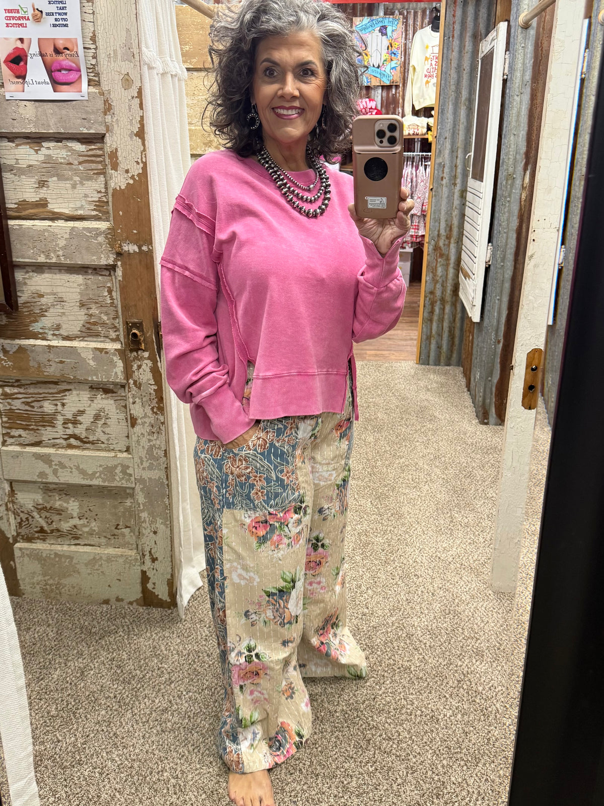 BlueVelvet Wide Leg Patchwork Floral Pants - Beige-Blue