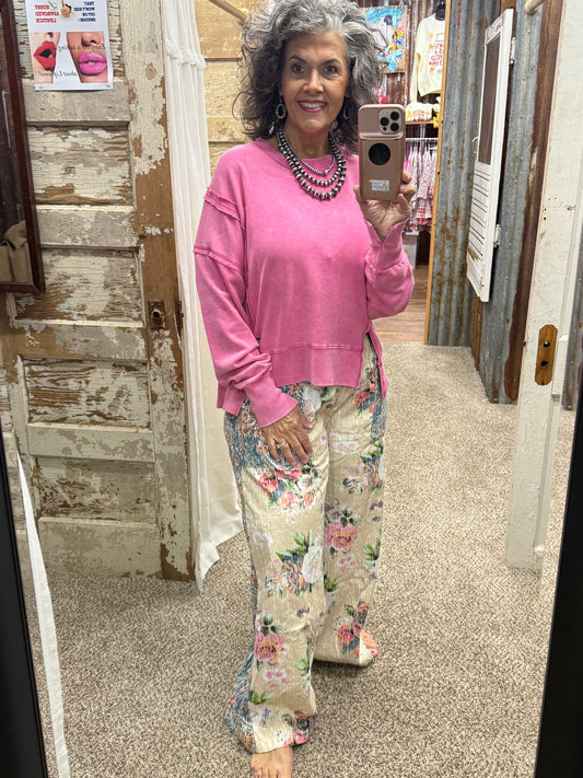 BlueVelvet Wide Leg Patchwork Floral Pants - Beige-Blue