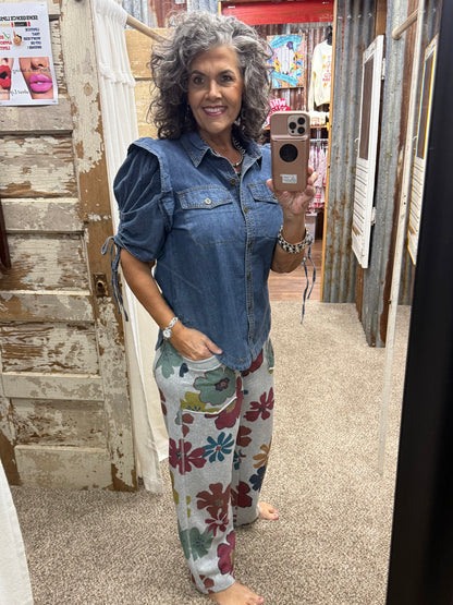 Easel Heather Grey Floral Terry Knit Pants