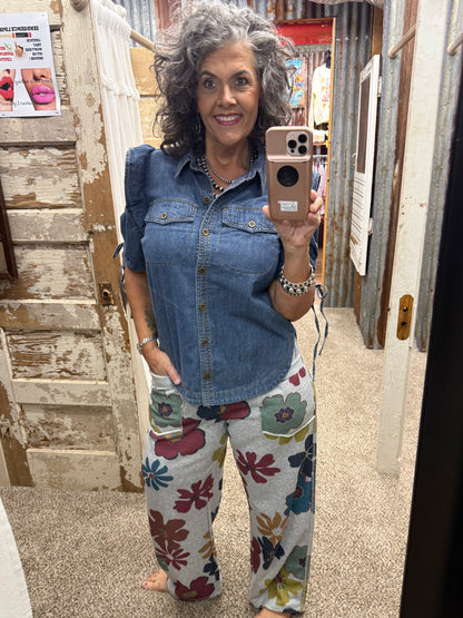 Easel Heather Grey Floral Terry Knit Pants
