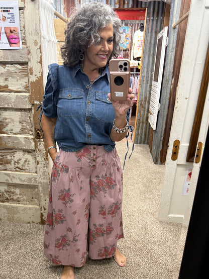 Mauve Floral Mineral Washed Wide Leg Pants