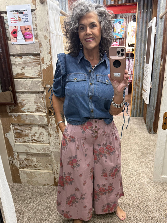 Mauve Floral Mineral Washed Wide Leg Pants