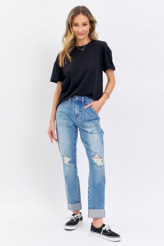 Judy Blue High Waist Patch Pocket Destroyed Boyfriend Jean 88825