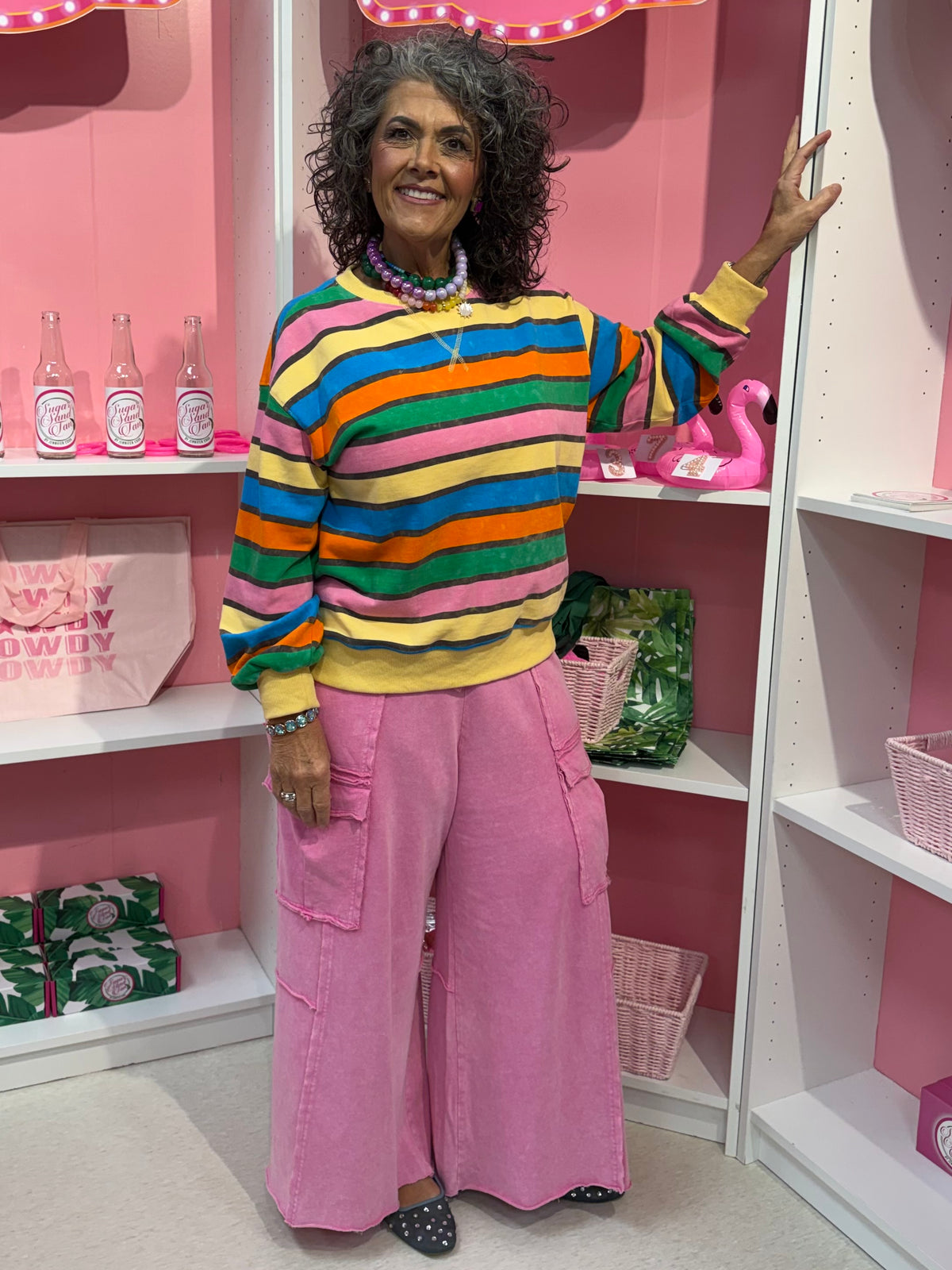 Mineral Washed Terry Stripe Pullover: HONEY COMBO