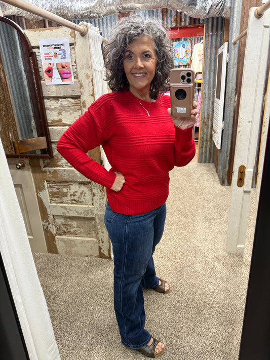Staccato Pintuck Striped Fuzzy Crew Neck Sweater - Red