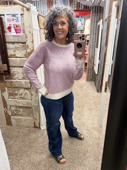 Staccato Two-Tone Rib Textured Crew Neck Sweater - Berry