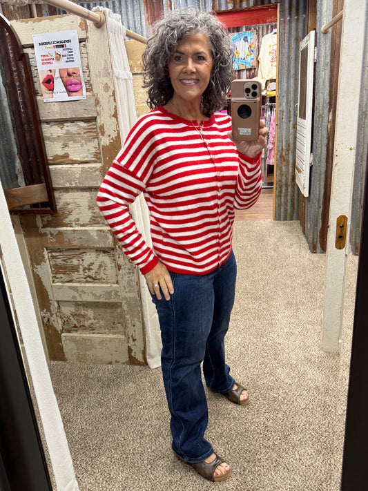 Staccato Striped Button Down Sweater Cardigan - Red