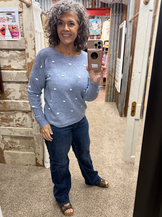 Staccato Pom Pom Dot Wide Crew Neck Sweater - Blue
