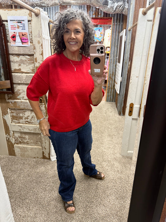Staccato Raw Edge Boxy Half Sleeve Sweater - Red