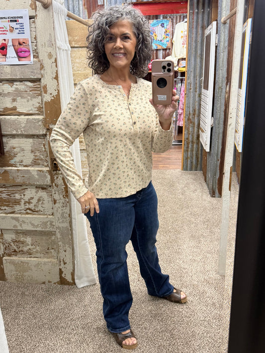 Staccato Floral Print Ribbed Henley Top - Beige
