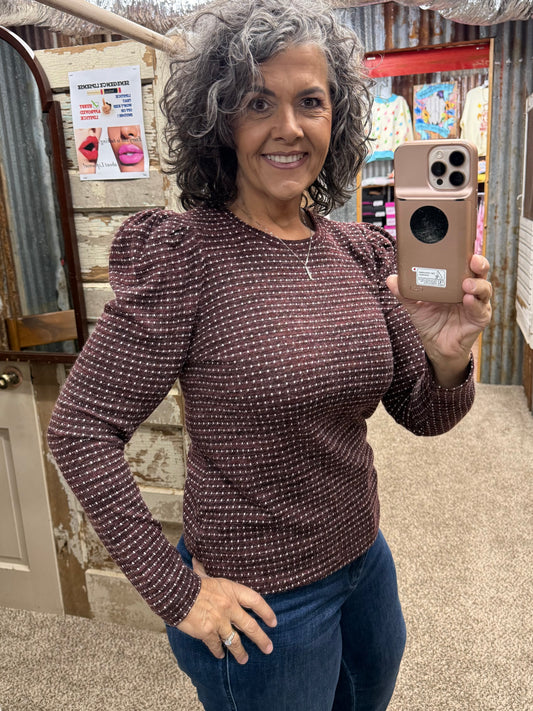 Staccato Puff Sleeve Dotted Stripe Knit Top - Wine