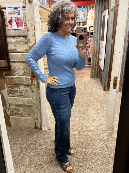 Staccato Pintuck Striped Fitted Crew Neck Sweater - Light Blue