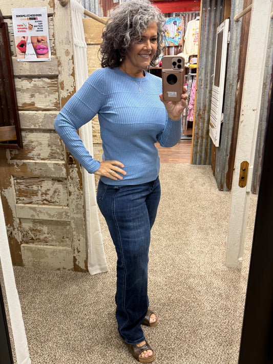 Staccato Pintuck Striped Fitted Crew Neck Sweater - Light Blue