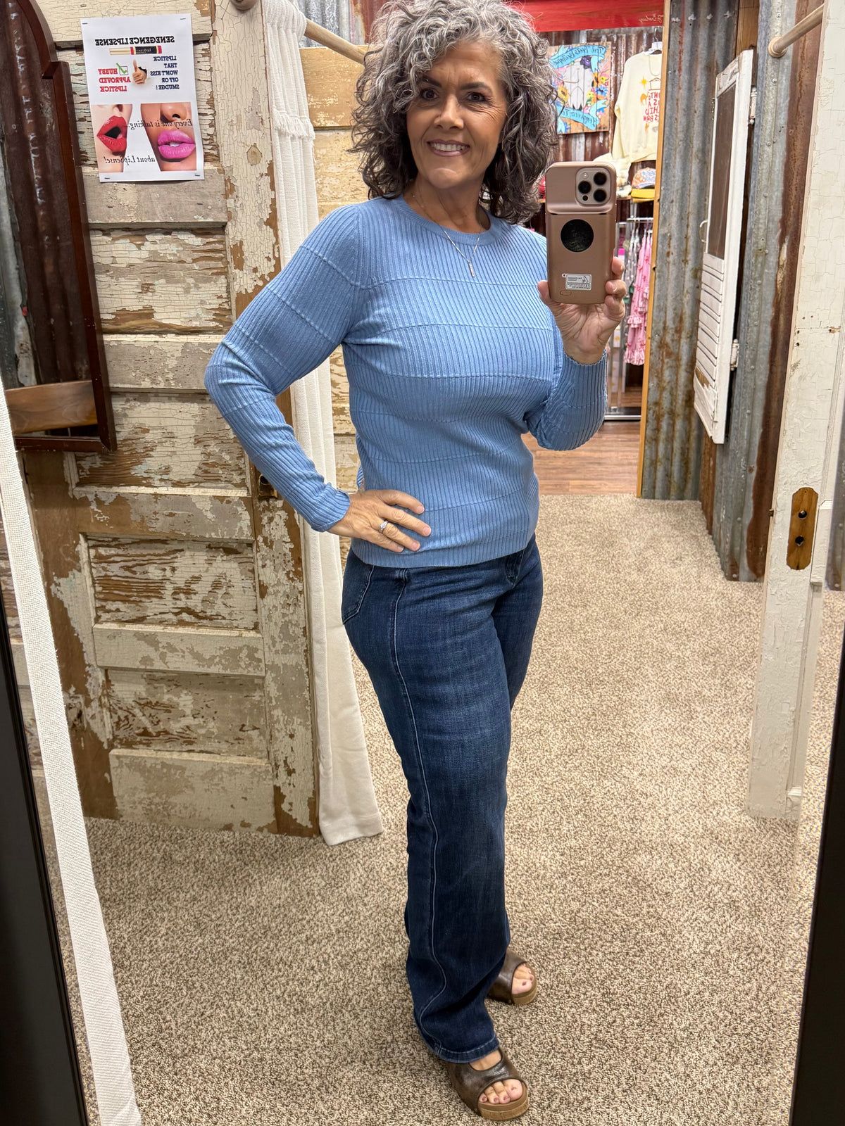 Staccato Pintuck Striped Fitted Crew Neck Sweater - Light Blue