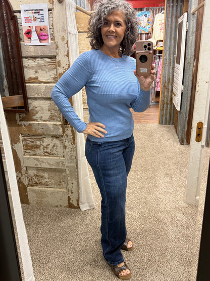 Staccato Pintuck Striped Fitted Crew Neck Sweater - Light Blue