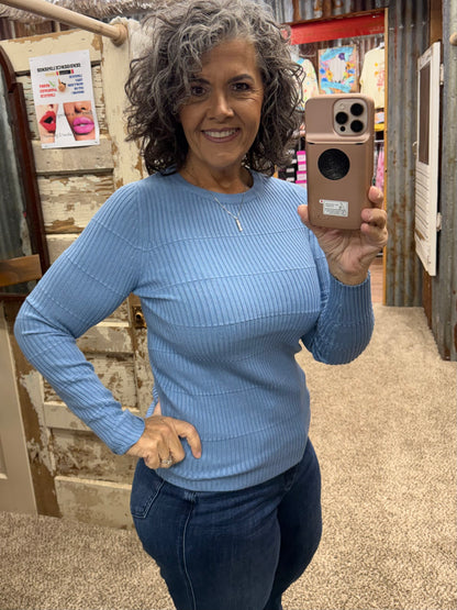 Staccato Pintuck Striped Fitted Crew Neck Sweater - Light Blue
