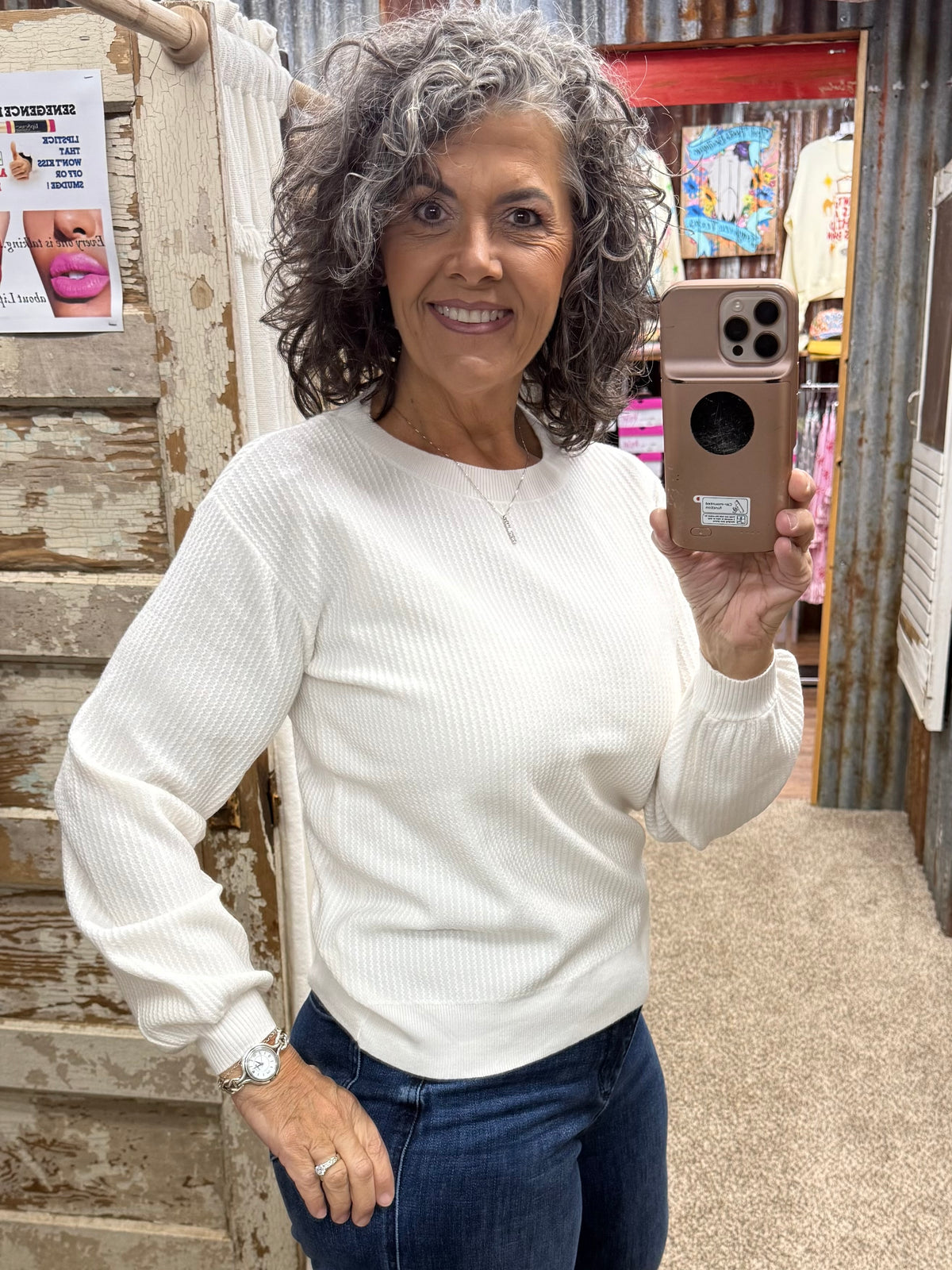Staccato Vertical Texture Balloon Sleeve Sweater - Ivory