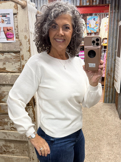 Staccato Vertical Texture Balloon Sleeve Sweater - Ivory