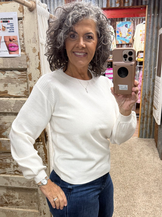 Staccato Vertical Texture Balloon Sleeve Sweater - Ivory