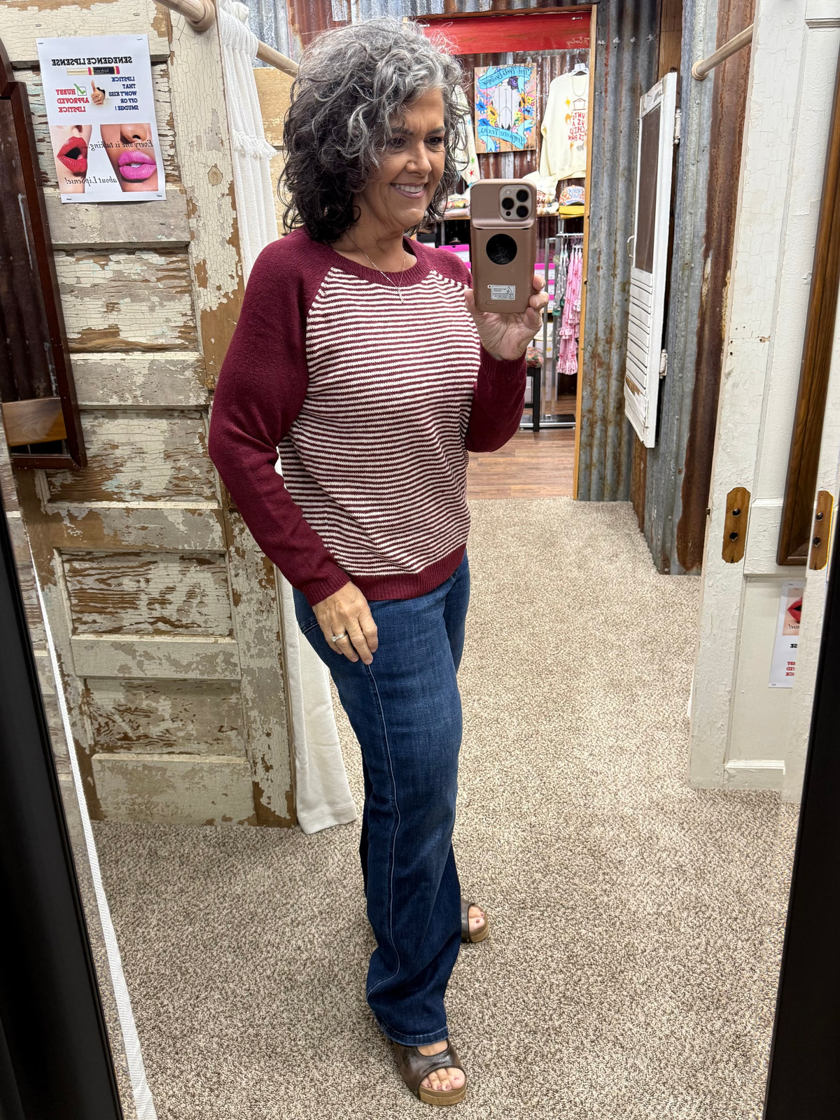 Staccato Baseball Color-Block Pinstriped Sweater - Burgundy