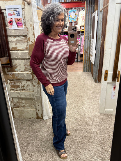 Staccato Baseball Color-Block Pinstriped Sweater - Burgundy