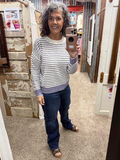 Staccato Color-Accent Striped Loose-Fit Sweater - Purple