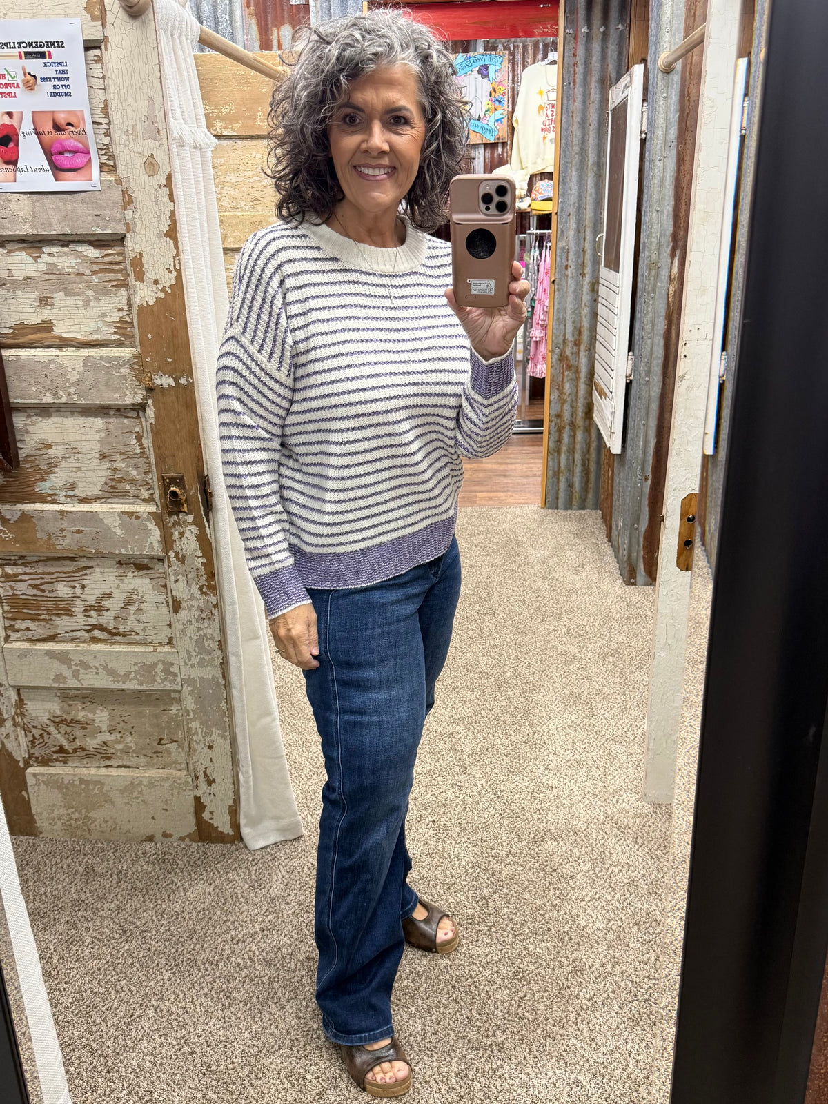 Staccato Color-Accent Striped Loose-Fit Sweater - Purple