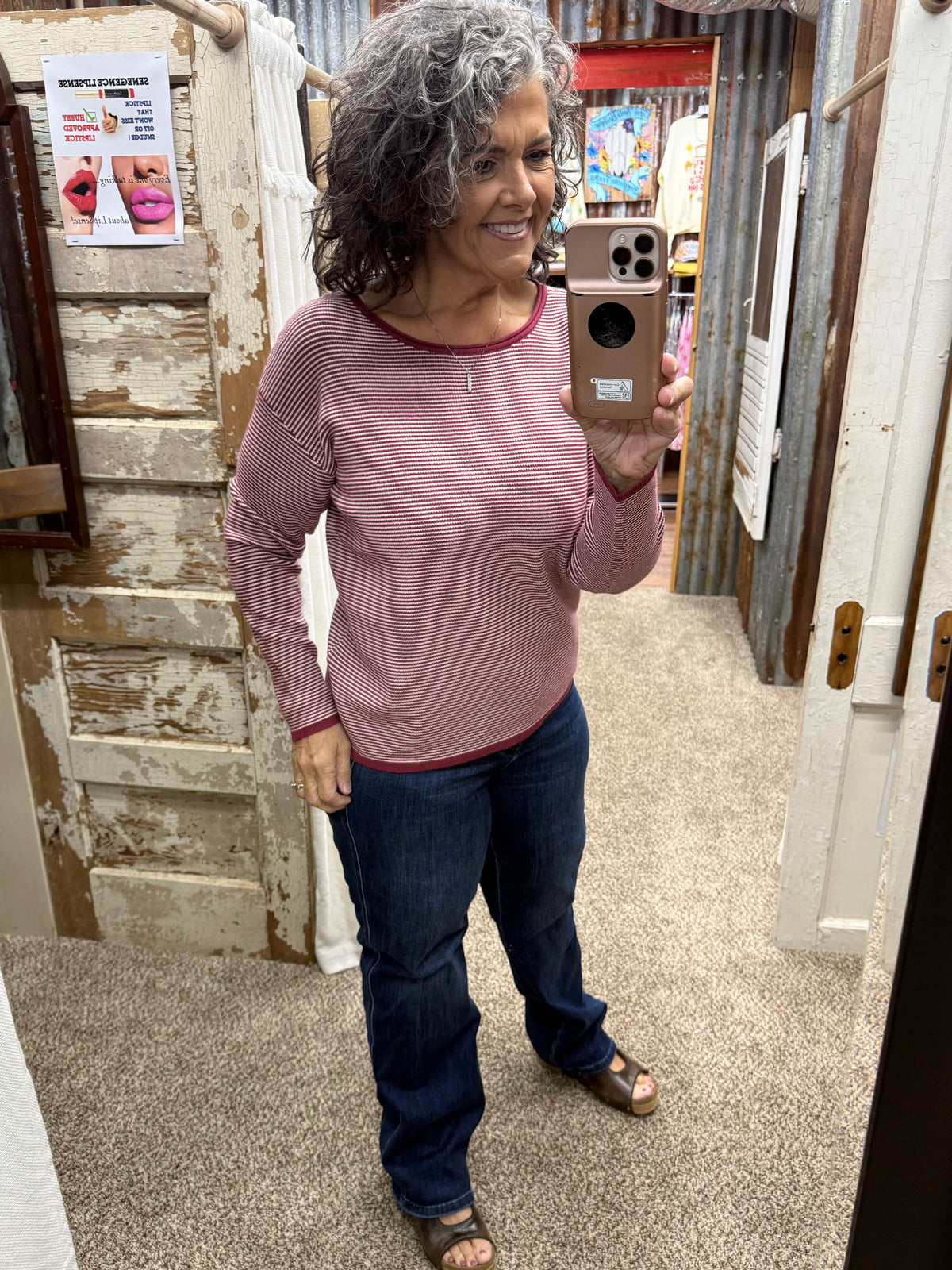 Staccato Waffle Texture Pinstriped Crew Neck Sweater - Burgundy