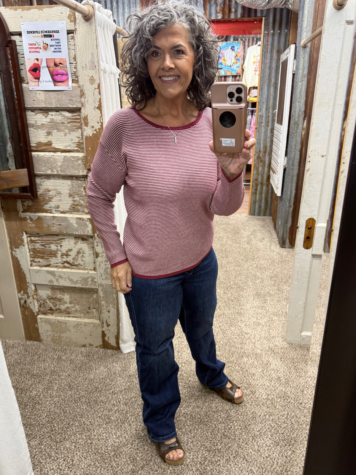 Staccato Waffle Texture Pinstriped Crew Neck Sweater - Burgundy