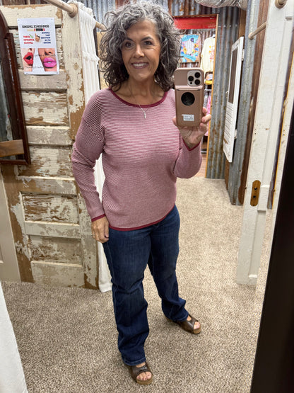 Staccato Waffle Texture Pinstriped Crew Neck Sweater - Burgundy