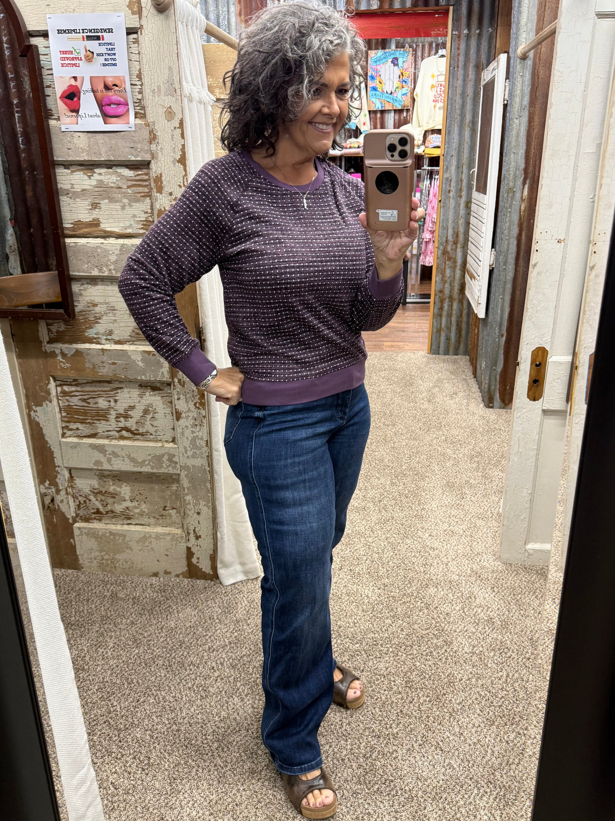 Staccato Novelty Dotted Stripe Crew Neck Top - Plum