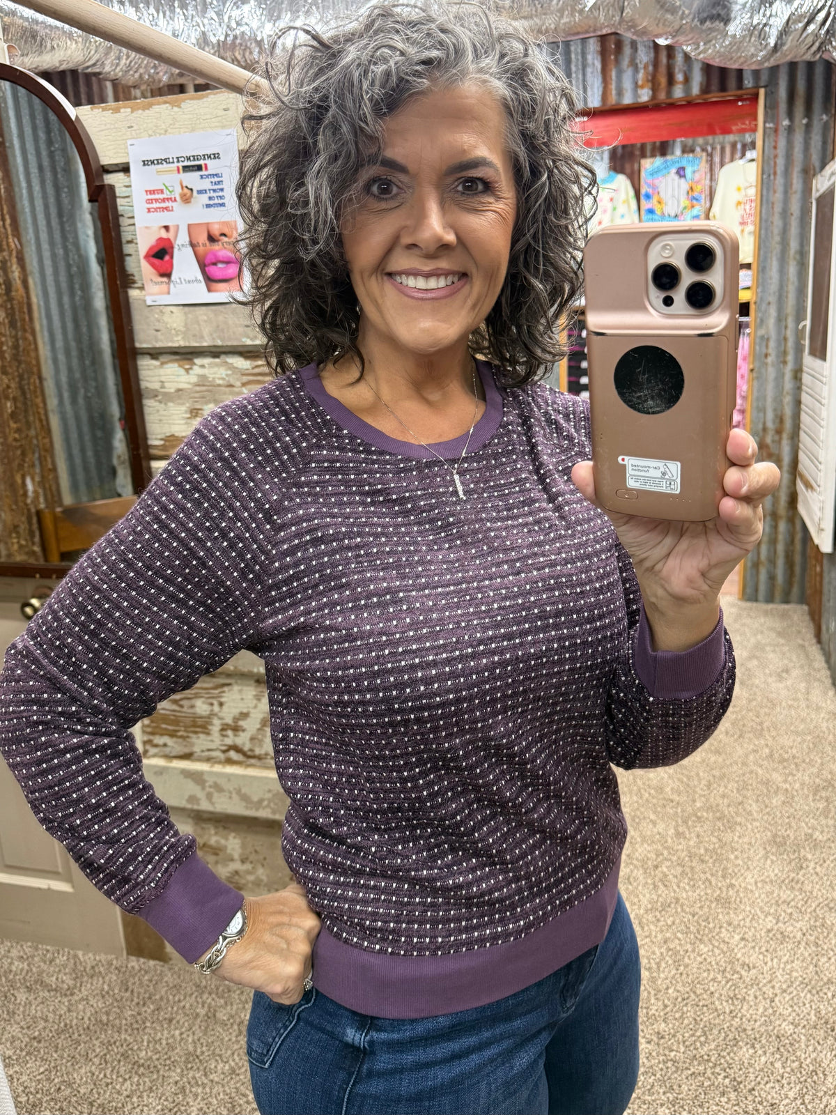 Staccato Novelty Dotted Stripe Crew Neck Top - Plum