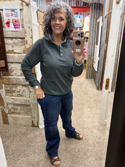 Staccato Color-Trimmed Button-Neck Striped Top - Sage Green