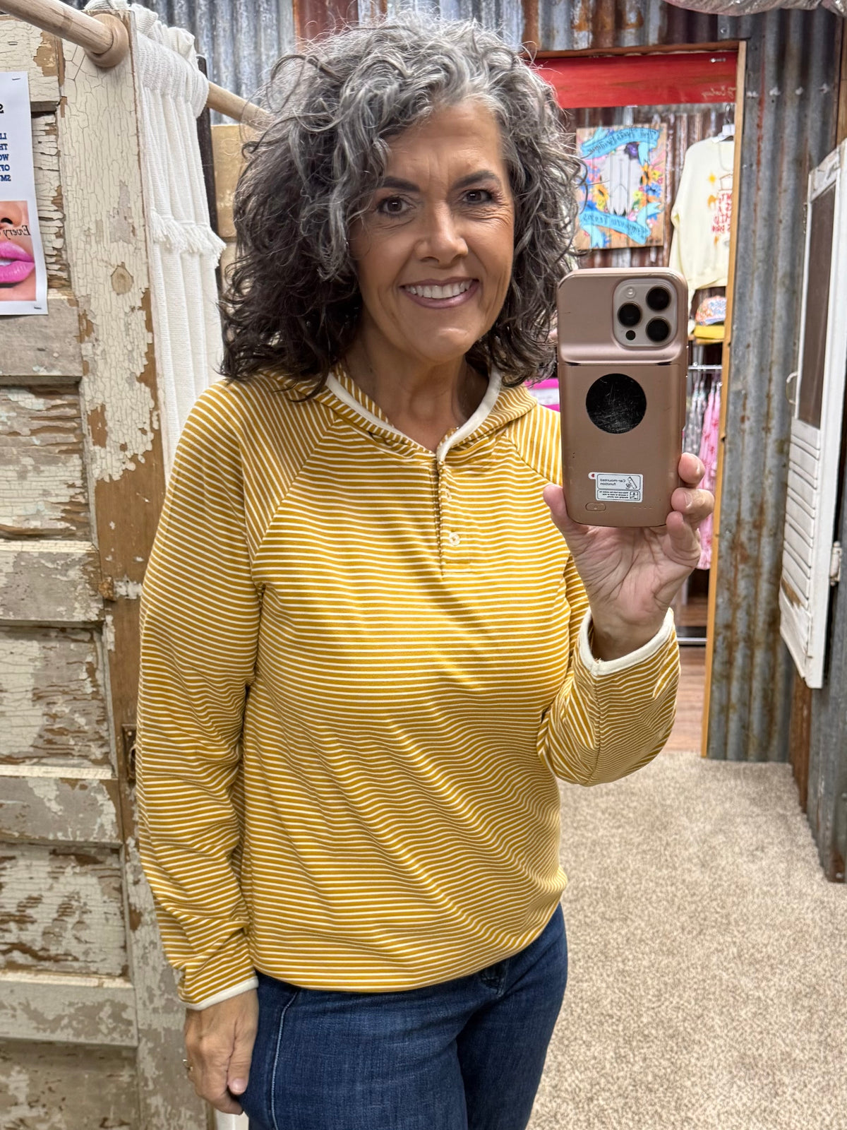Staccato Color-Trimmed Button-Neck Striped Top - Mustard