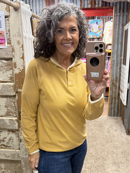 Staccato Color-Trimmed Button-Neck Striped Top - Mustard