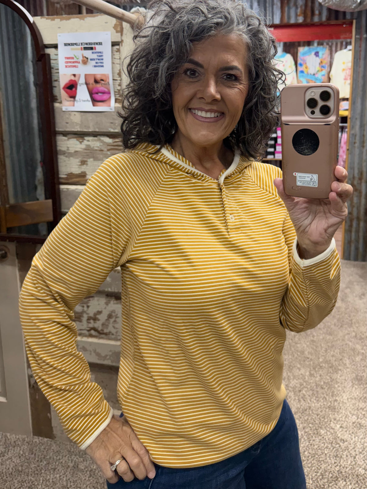 Staccato Color-Trimmed Button-Neck Striped Top - Mustard