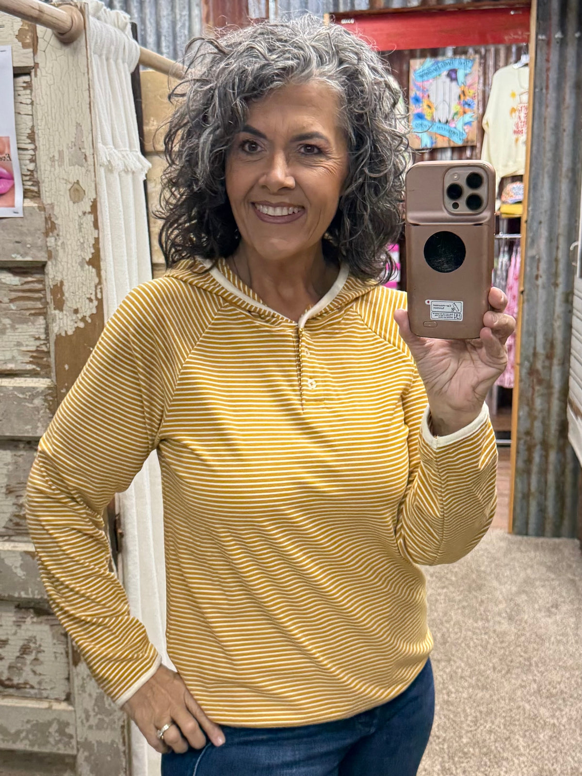 Staccato Color-Trimmed Button-Neck Striped Top - Mustard