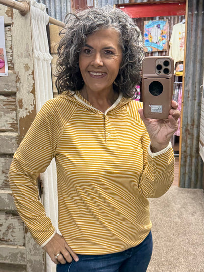 Staccato Color-Trimmed Button-Neck Striped Top - Mustard