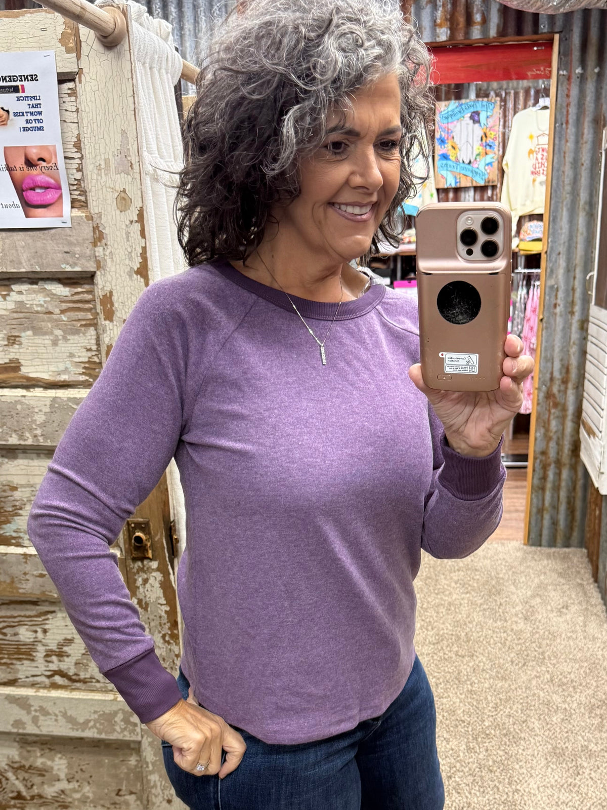 Staccato Brushed Knit Rib Accent Crew Neck Top - Light Plum