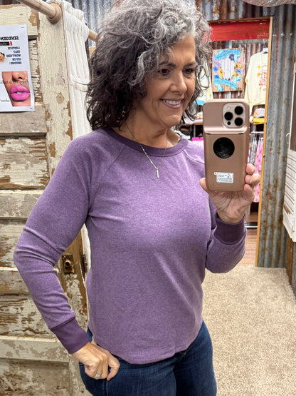 Staccato Brushed Knit Rib Accent Crew Neck Top - Light Plum