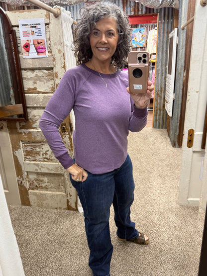 Staccato Brushed Knit Rib Accent Crew Neck Top - Light Plum