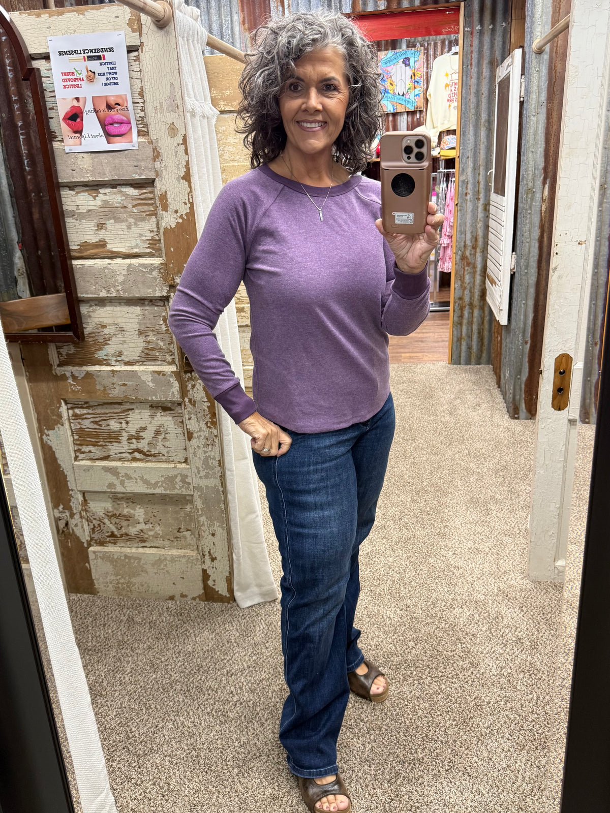 Staccato Brushed Knit Rib Accent Crew Neck Top - Light Plum