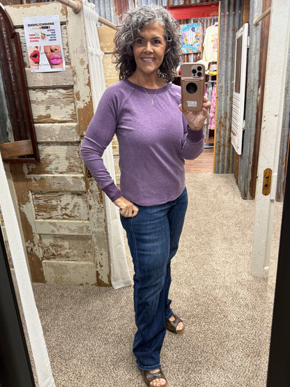 Staccato Brushed Knit Rib Accent Crew Neck Top - Light Plum