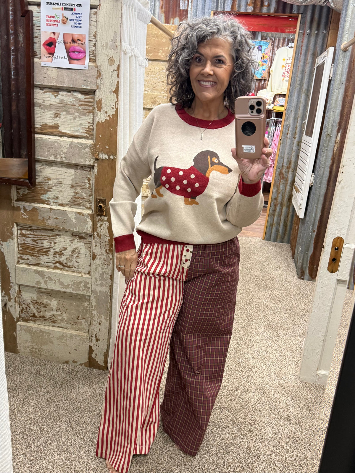 Red Multi Mixed Pattern Wide-Leg Trousers