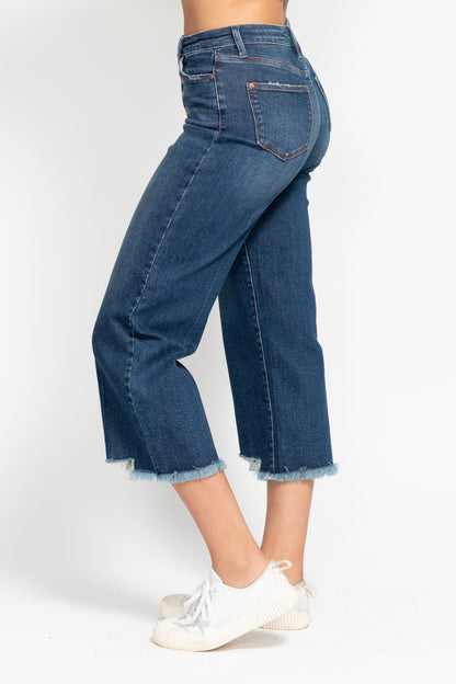 Judy Blue High Waist Button Fly Destroy Hem Crop Wide Leg Jeans 88887