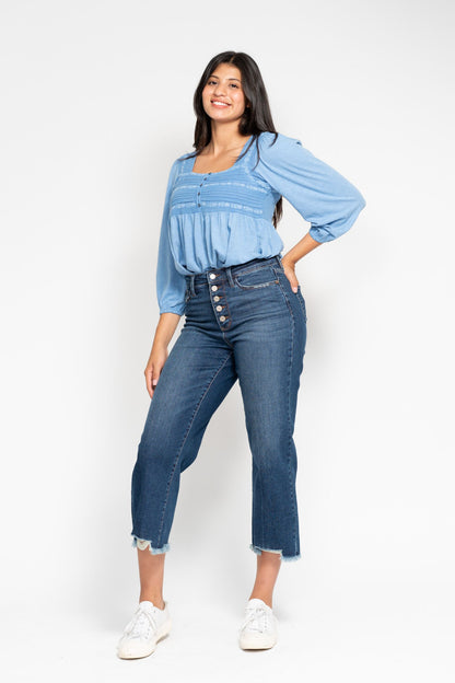 Judy Blue High Waist Button Fly Destroy Hem Crop Wide Leg Jeans 88887