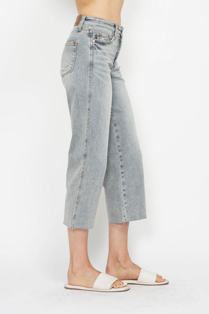 Judy Blue Mid Rise Tummy Control Raw Hem Crop Wide Leg Jean 88903