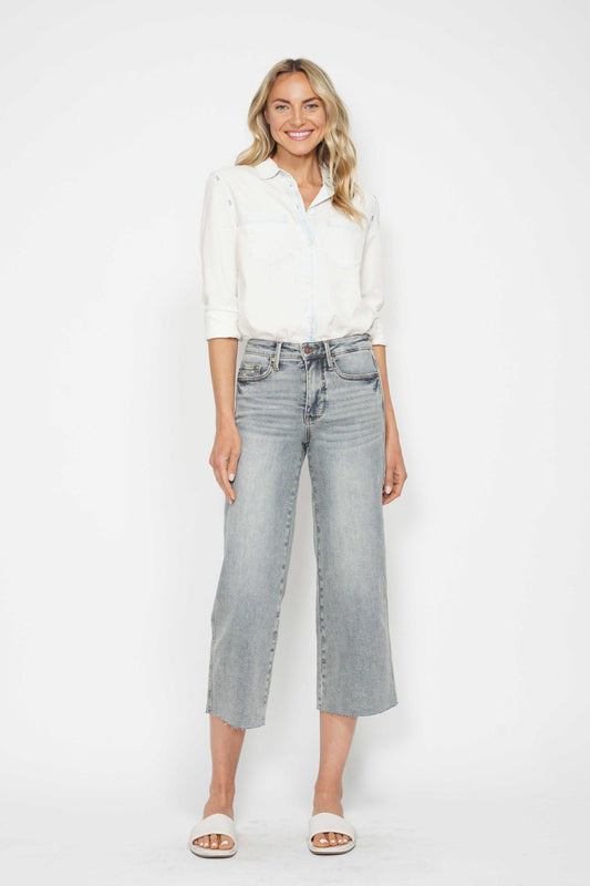 Judy Blue Mid Rise Tummy Control Raw Hem Crop Wide Leg Jean 88903