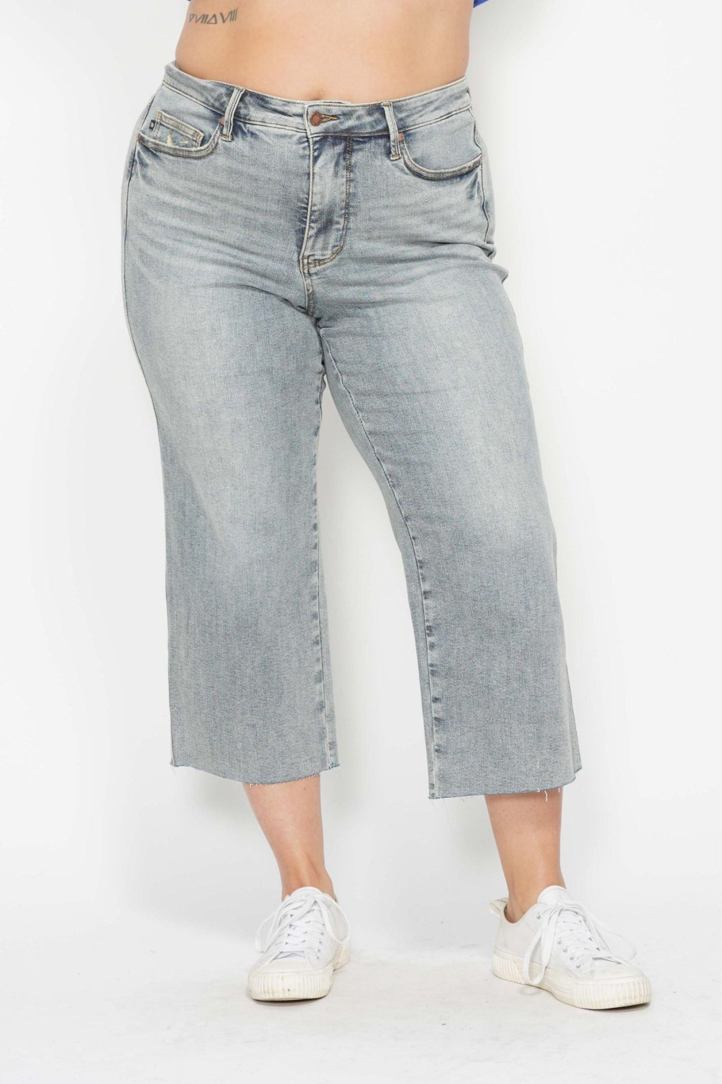 Judy Blue Mid Rise Tummy Control Raw Hem Crop Wide Leg Jean 88903